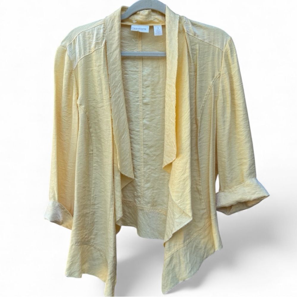 Chico’s Butter Yellow Shimmery Draped Cardigan Jacket, Size 3/XL